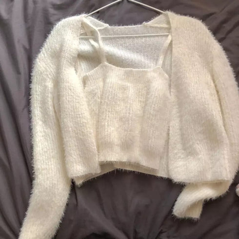 Two-Piece Camisole Knitted Vest with Long Sleeve Cropped Cardigan